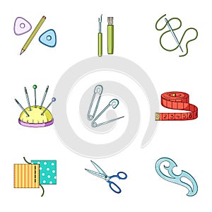 Manual sewing machine, scissors, maniken, thimble.Sewing or tailoring tools set collection icons in cartoon style vector