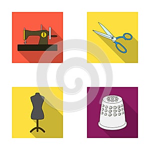 Manual sewing machine, scissors, maniken, thimble.Sewing or tailoring tools set collection icons in flat style vector