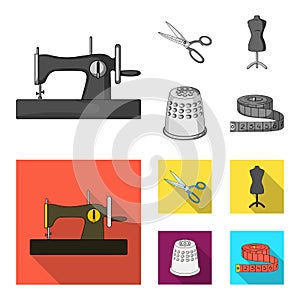 Manual sewing machine, scissors, maniken, thimble.Sewing or tailoring tools set collection icons in monochrome,flat