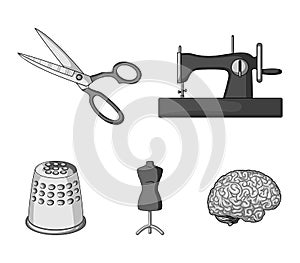 Manual sewing machine, scissors, maniken, thimble.Sewing or tailoring tools set collection icons in monochrome style