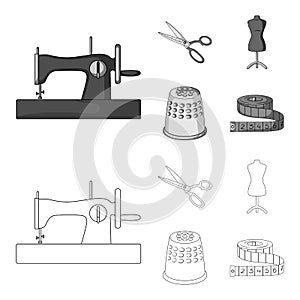 Manual sewing machine, scissors, maniken, thimble.Sewing or tailoring tools set collection icons in outline,monochrome