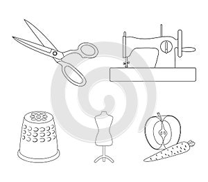 Manual sewing machine, scissors, maniken, thimble.Sewing or tailoring tools set collection icons in outline style vector