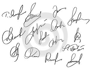 Manual signature for documents on white background. Hand drawn Calligraphy lettering Vector illustration EPS10