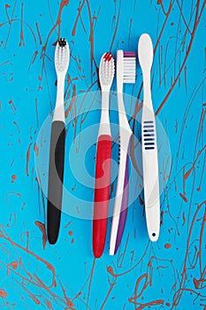 Manual toothbrush set on blue background