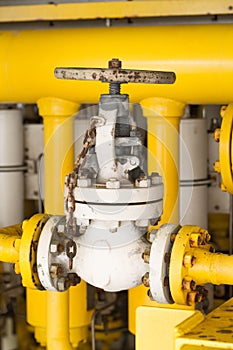 Manual valve in oil and gas industry, old valve and many rust present on the valve, Equipment for control production process