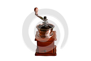 Manual wooden coffee mill grinder isolated on white background