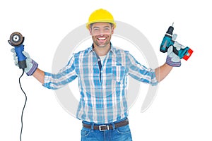 Manual worker holding power tools