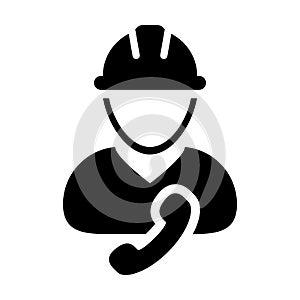 Manual worker icon vector male construction service person profile avatar with phone and hardhat helmet in glyph pictogram