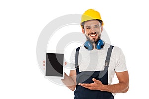 Manual worker pointing with hand at digital tablet with blank screen isolated on white