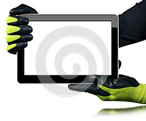 Manual Worker Showing a Blank Digital Tablet Computer Isolated on White