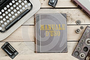 Manuale d`uso, Italian text for User`s Manual on old book cover photo