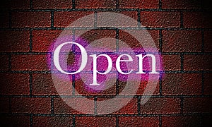 Manually created illustration of a brick wall with the word open in neon