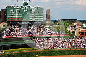 The manually operated scoreboard at Wrigley Field in Chicago