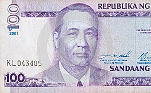 Manuel A Roxas on 100 piso Philippines money bill close up fragment photo