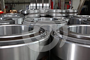 Manufacture of bearings in the factory.The chrome surface of products. Industrial theme. Production of bearings