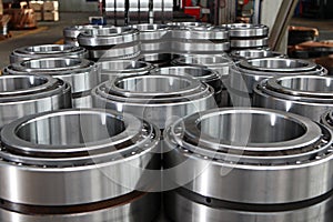 Manufacture of bearings in the factory.The chrome surface of products. Industrial theme. Production of bearings