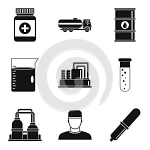 Manufacture of chemicals icons set, simple style