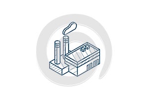 manufacture, industrial factory building isometric icon. 3d line art technical drawing. Editable stroke vector