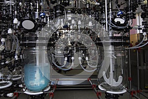 Manufacture of medicines at a drug factory. liquid in a flask