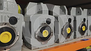 Manufactured gear motors, clean warehouse with gear motors. Gearboxes in stock