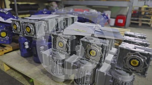 Manufactured gear motors, clean warehouse with gear motors. Gearboxes in stock