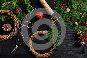 Manufacturer of Christmas decor with their own hands. Christmas wreath for the holiday. The new year celebration. Top
