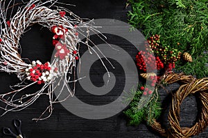 Manufacturer of Christmas decor with their own hands. Christmas wreath for the holiday. The new year celebration. Top