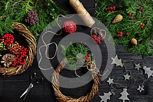 Manufacturer of Christmas decor with their own hands. Christmas wreath for the holiday. The new year celebration. Top