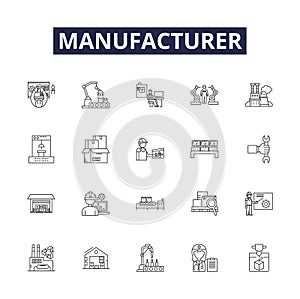 Manufacturer line vector icons and signs. Maker, Fabricator, Supplier, Manufacturer, Constructor, Crafter, Converter