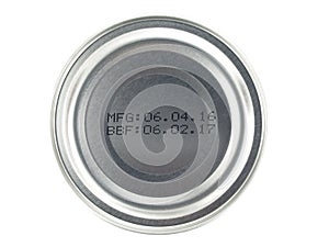 manufacturing date and expiry date printed on bottom of silver aluminum can isolated on white background