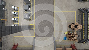Manufacturing equipment in automated warehouse, aerial drone shot