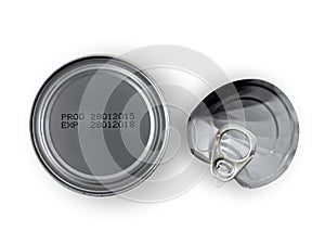 manufacturing and expiry date printed on bottom of silver aluminum can and bent lid with ring pull isolated on white background