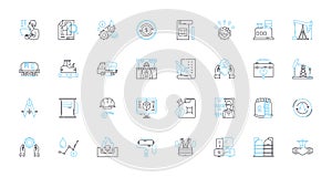 Manufacturing facility linear icons set. Automation, Assembly, Equipment, Production, Quality, Efficiency, Maintenance