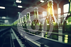 At manufacturing factory, closeup view of conveyor belt in action, rows of transparent glass green bottles for packing in the