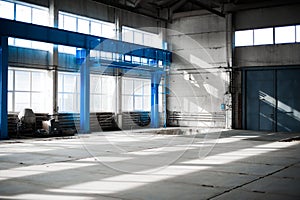 Manufacturing factory. Empty hangar building. Blue toned background. The production room with large windows and metal structures