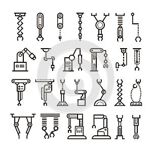 Manufacturing industrial robot, robotic arms vector line icons