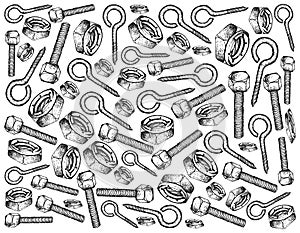 Hand Drawn Sketch Background of Screws and Nuts