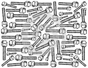 Hand Drawn Sketch Background of Hex Bolts