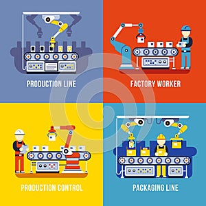 Manufacturing industry, production line, factory worker vector flat concepts set