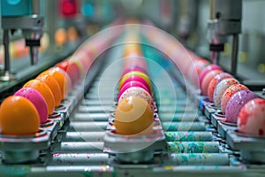 A manufacturing line drips vibrant paint onto Easter eggs, creating a spectrum from yellow to pink. The automation