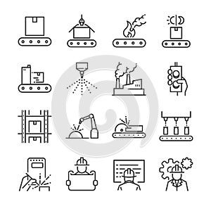 Manufacturing line icon set. Included the icons as process, production, factory, packing and more. photo