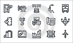 Manufacturing line icons. linear set. quality vector line set such as drill, factory, tank, microprocessor, machine, danger,