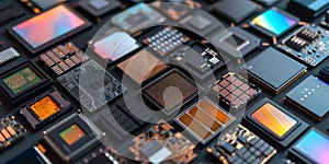 Manufacturing of microchips. Photo of top view of microchips, microcircuits, electronic devices. Contemporary technologies, sci-fi photo