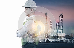 Manufacturing Oil-Gas Industry and Engineering Futuristic Concept, Double Exposure of Construction Engineer With Safety Equipment