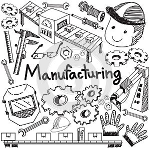 Manufacturing and operation system in factory production assembly line handwriting doodle sketch design tools sign and symbol in photo