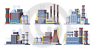 Manufacturing plants, factories colorful flat vector illustrations set