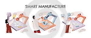 Manufacturing process at automated production industry. Scientist creates robot. Smart industry