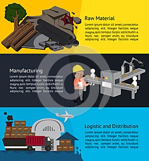 Manufacturing process infographic banner design from raw materia