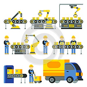 Manufacturing process with production factory line vector flat icons