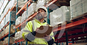 Manufacturing, warehouse and black man with clipboard for inspection, inventory and check stock. Shipping, distribution